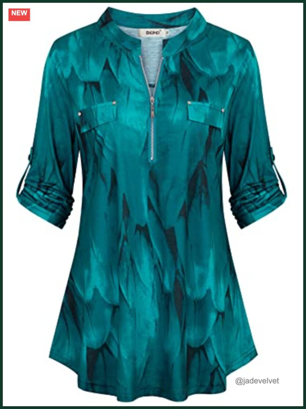 Women's 3/4 Sleeve Tunic Top Zip Up V Neck Office Blouse